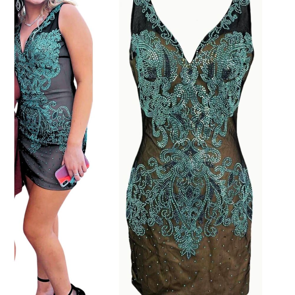 Glamorous Black Blue Embellished Bodycon Mini Dress Vienna Prom Size 2